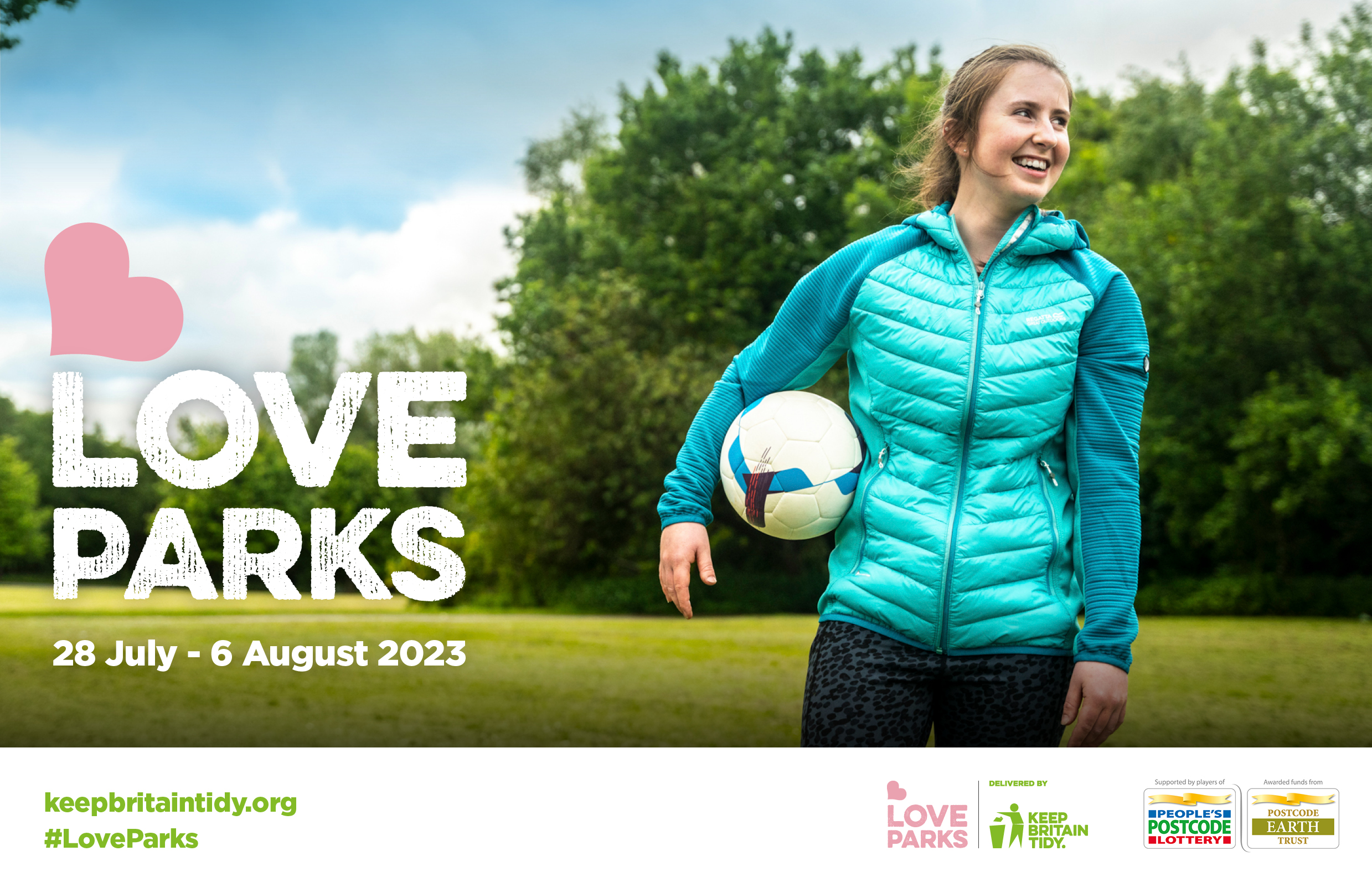 A young woman holding a football. Text reads Love Parks 28 July - 6 August