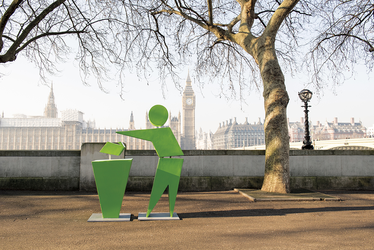 An image of a 3D Keep Britain Tidy Tidyman logo positioned in a public space for passers by to see