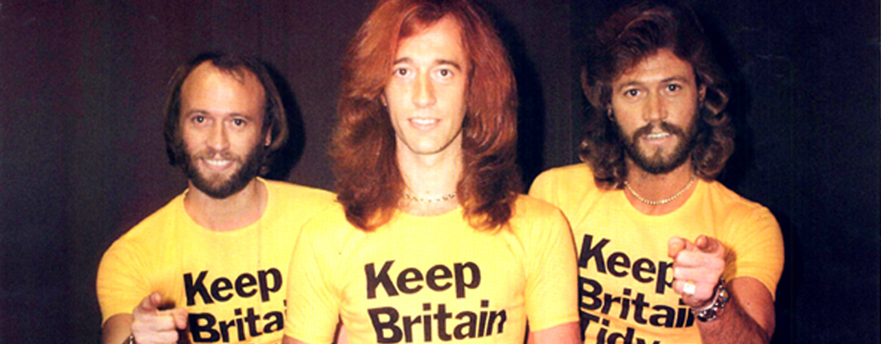 An image of the Bee-Gees in Keep Britain Tidy t-shirts from the 1970s