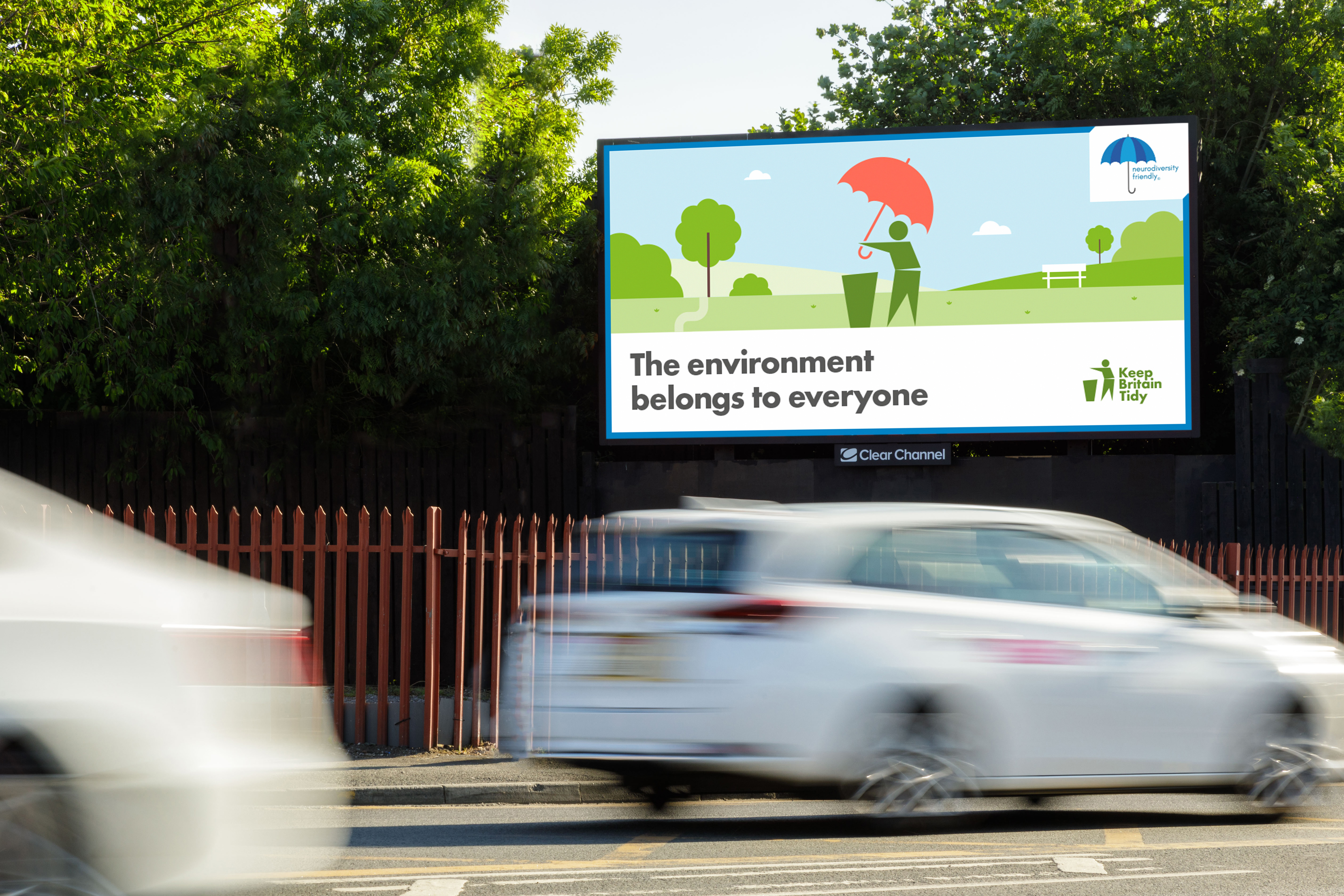 A billboard in situ features a simplified version of the Keep Britain Tidy logo with text that reads "The environment is for everyone."