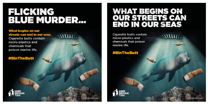 An image of the two #BinTheButt Keep Britain Tidy cigarette litter campaign