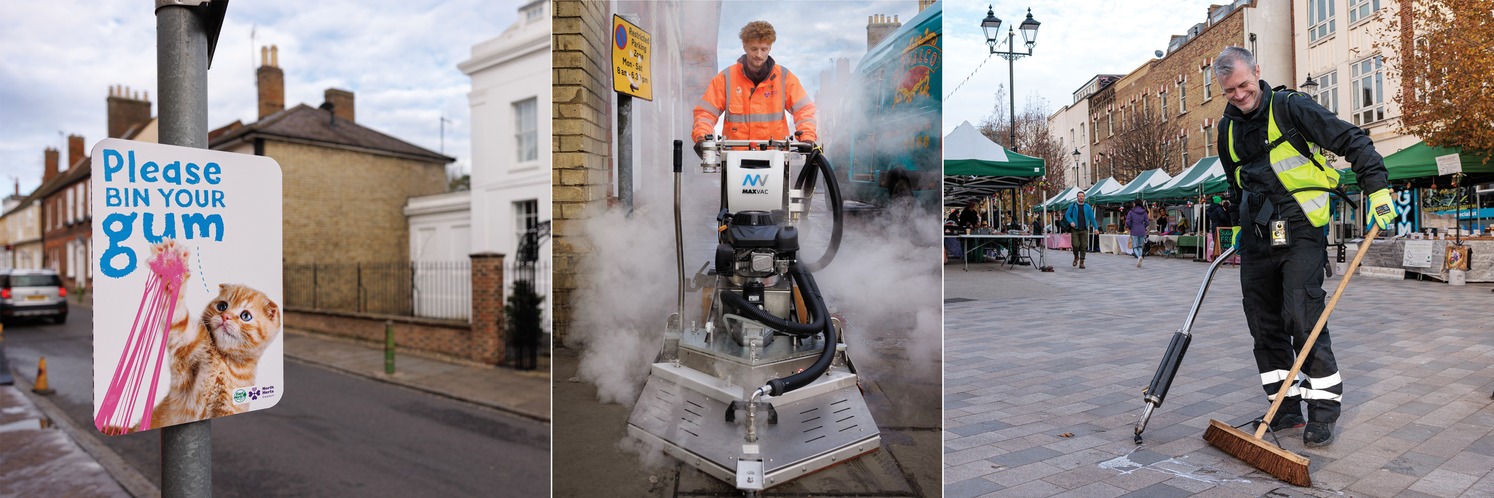 Three photos demonstrating the Chewing Gum Task Force's work