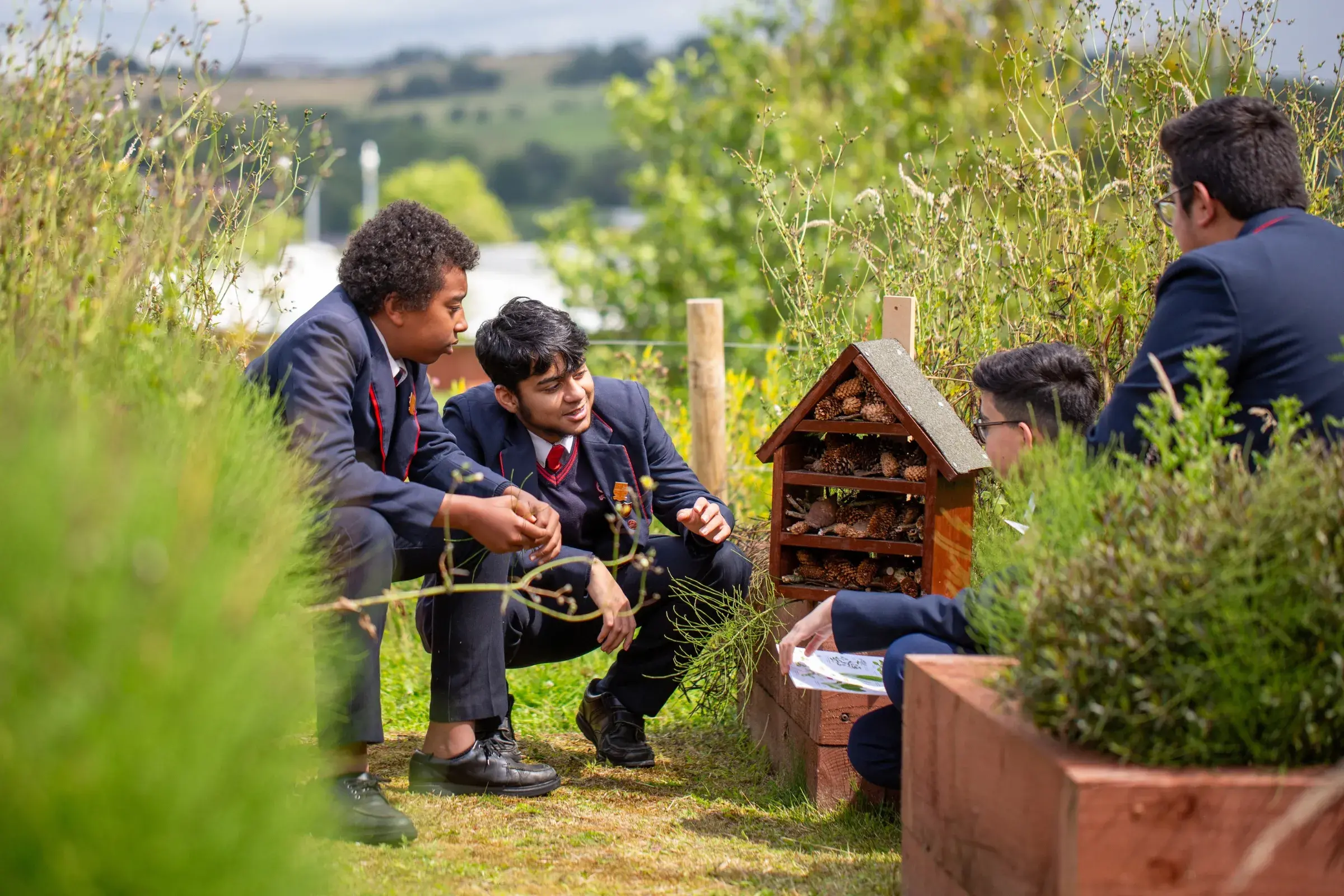 School children studying a bug house in their school garden