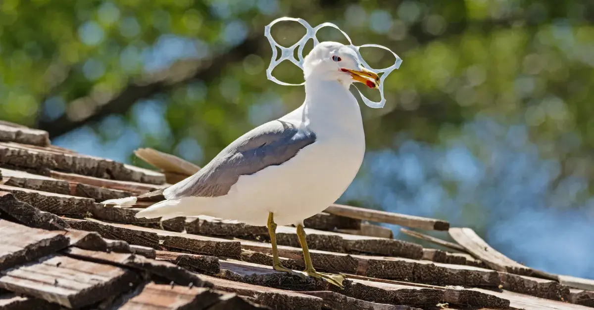 Seagull in plastic packaging